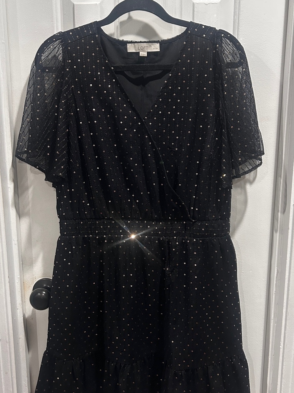 LOFT Black Sheer Overlay faux Wrap Style Gold Sequin Cocktail Dress